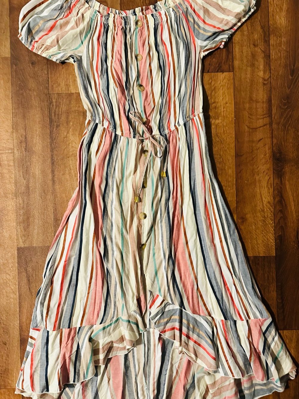 Blush Striped Off-Shoulder Tie-Waist Midi Dress in Multi-Color
